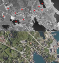 Flybilder fra Mosterhamn i 1969 og 2021. På det gamle bildet kan en skjlne en rekke brudd (markert med rød prikk), på det nye bildet får en inntrykk av hvordan landskapet er radikalt forandret. Satt sammen fra kart.finn.no)